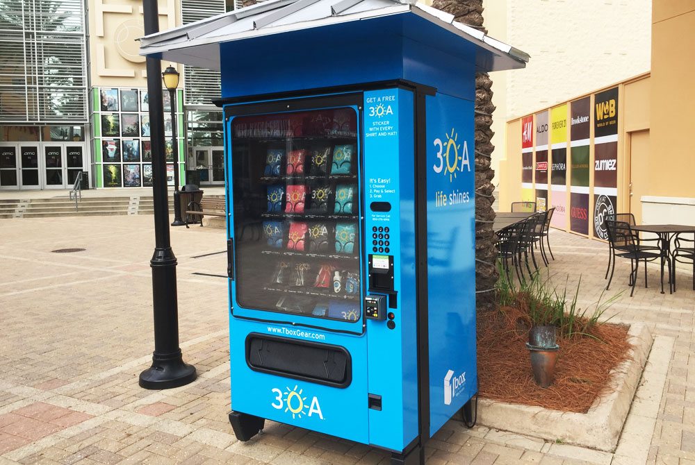 One of the 30A Gear Tee Boxes is located at Destin Commons in front of the movie theater.
