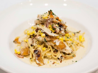 Borago's linguine with chicken, pancetta, mushrooms and corn
