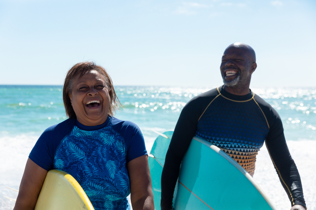 Surfers laughing