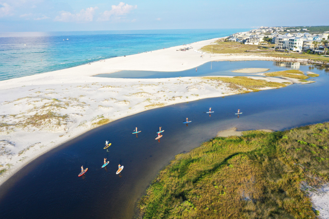Aerial drone view of the coastline and Gulf waters